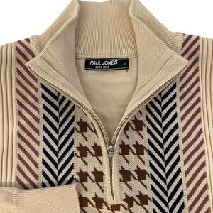 Paul Jones Beige Half-Zip Knit Sweater With Houndstooth & Chevron Pattern Size L